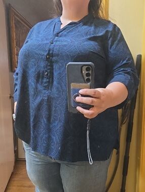 Catherines Navy Paisley Button-Front Tunic Blouse